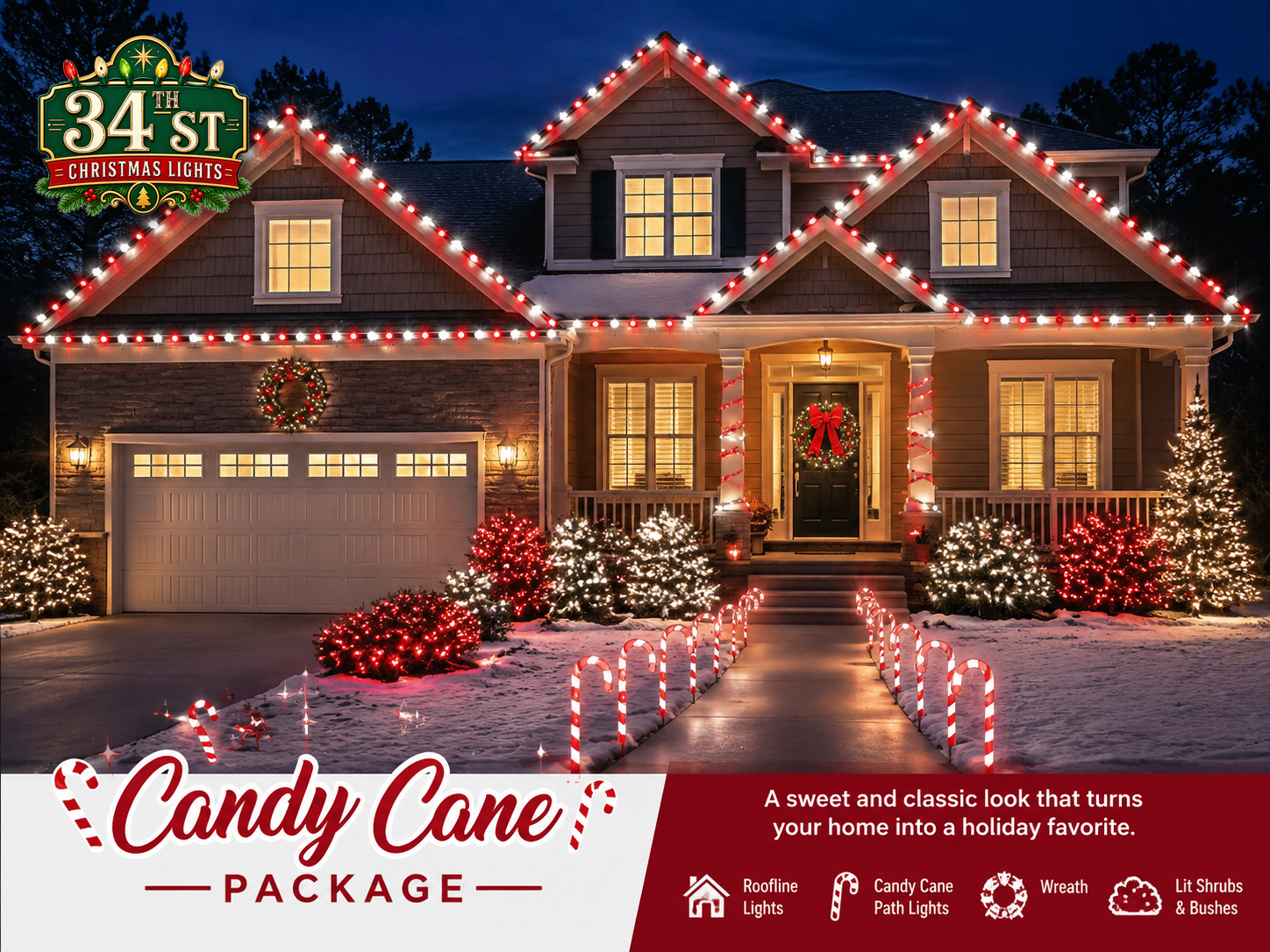 Home with red and white roofline lights and candy cane path lights — Candy Cane theme