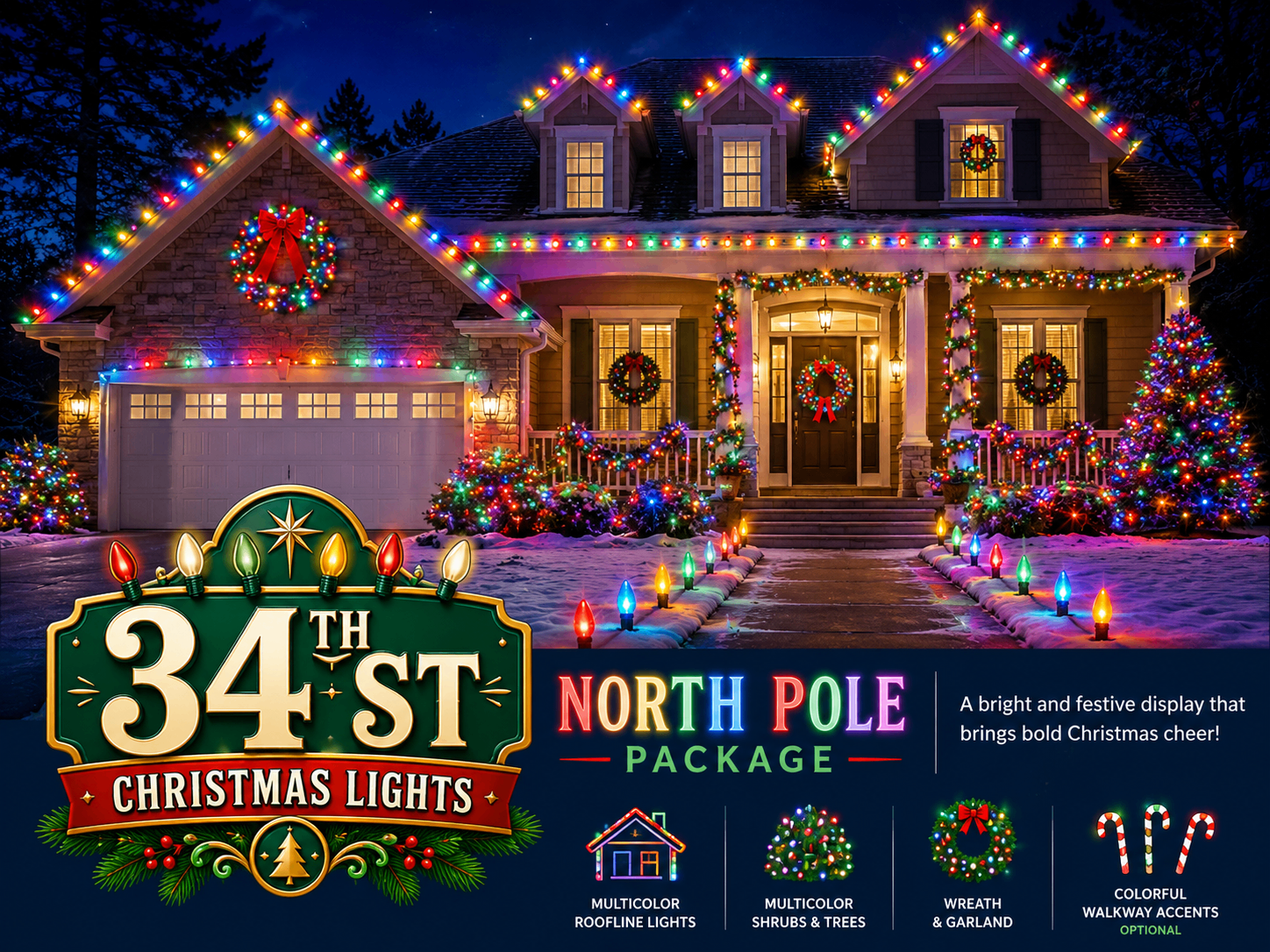 Home with multicolor roofline lights, lit shrubs and trees — North Pole theme