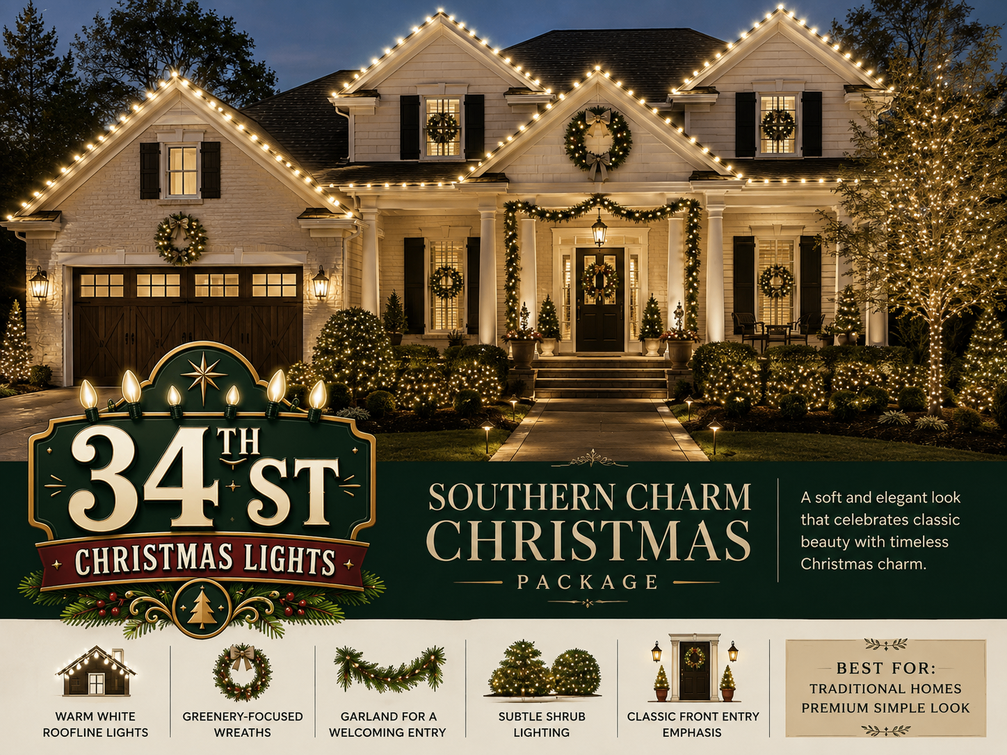 White brick home with warm white lights, greenery wreaths and garland — Southern Charm theme