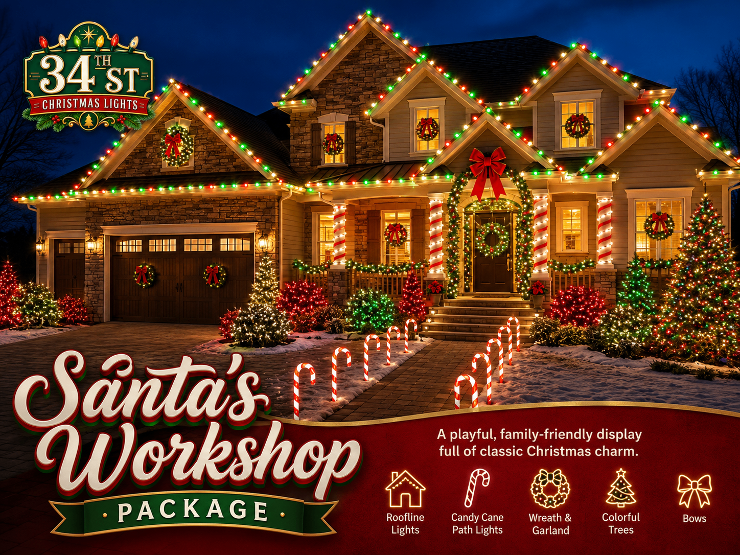 Home with red and green roofline lights, candy cane path lights and bows — Santa's Workshop theme