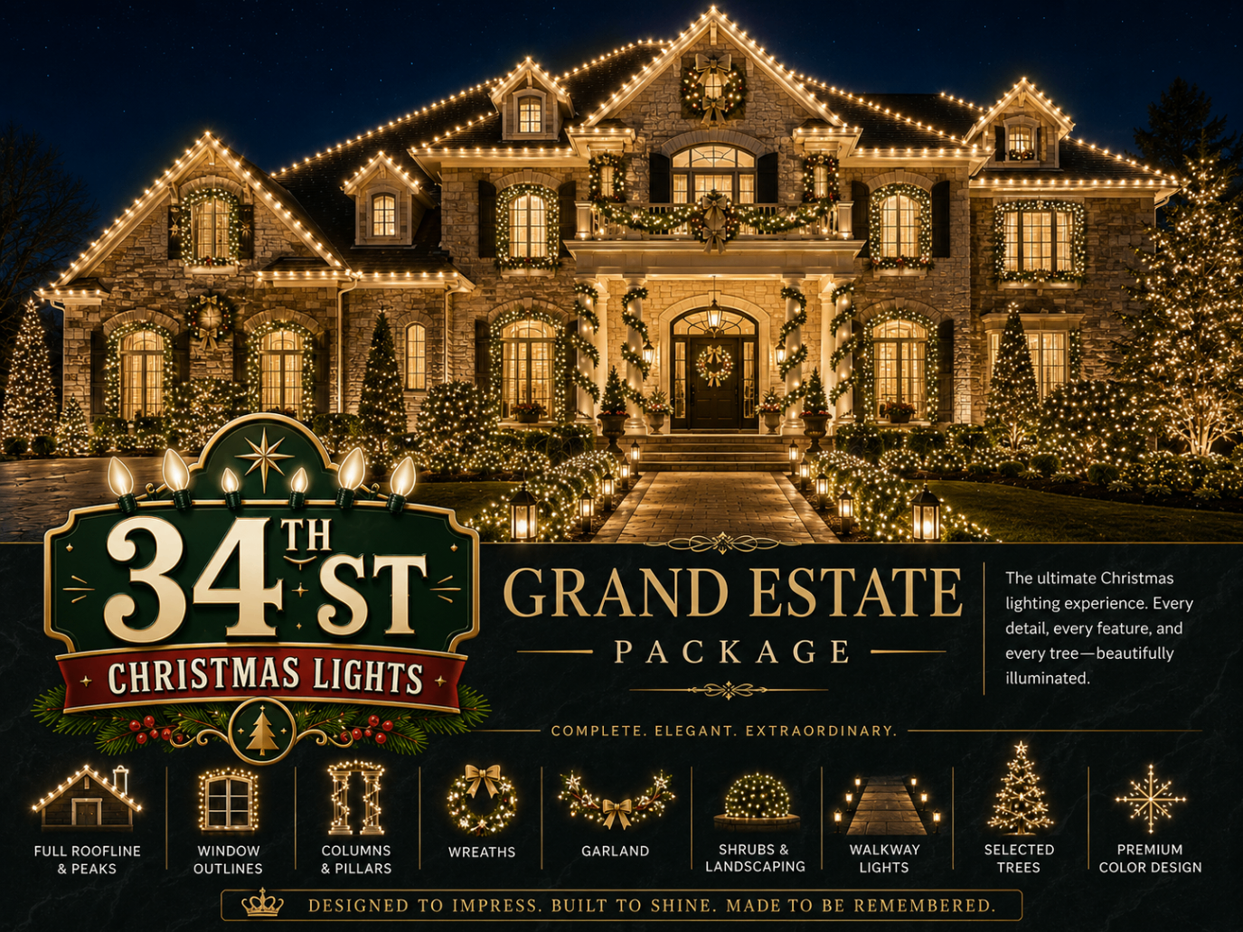 Large estate home fully illuminated with warm white lights and garland — Grand Estate theme