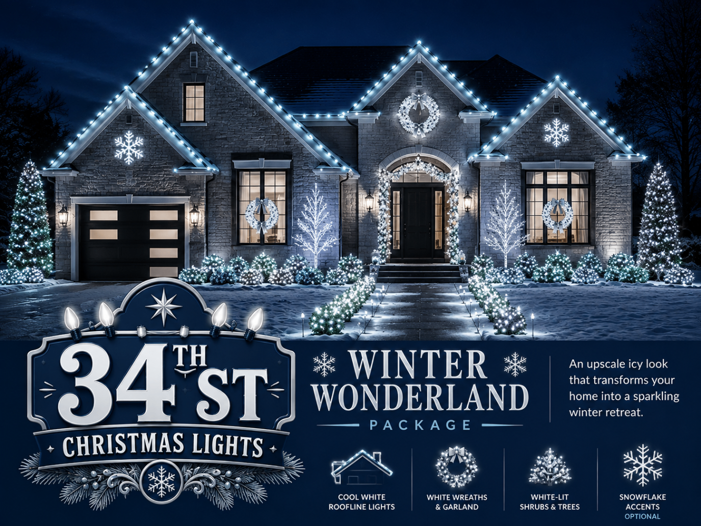 Stone home with cool white roofline lights and snowflake accents — Winter Wonderland theme