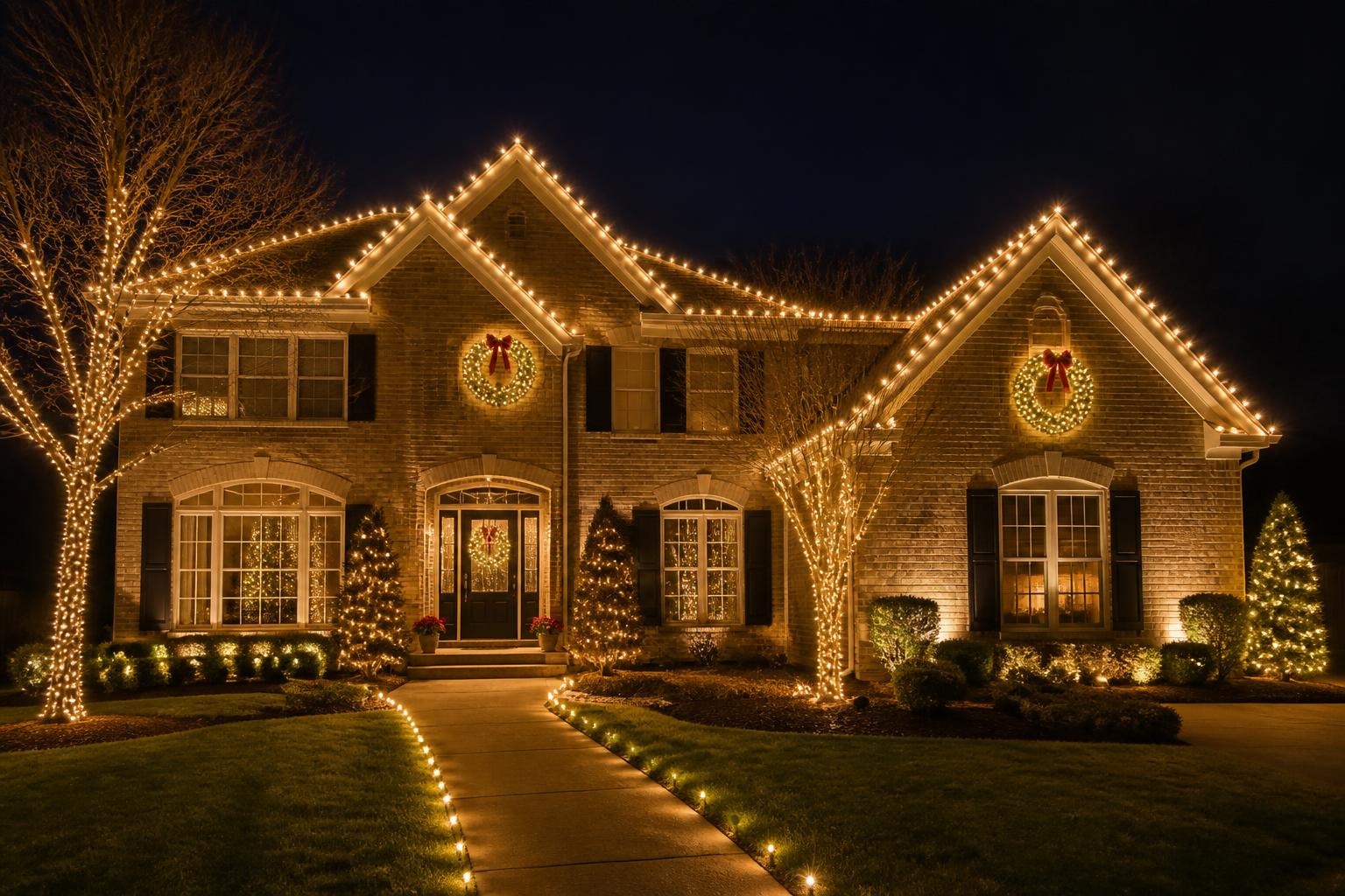 The same style brick home at night after professional Christmas light installation on every roofline, wreaths and wrapped trees