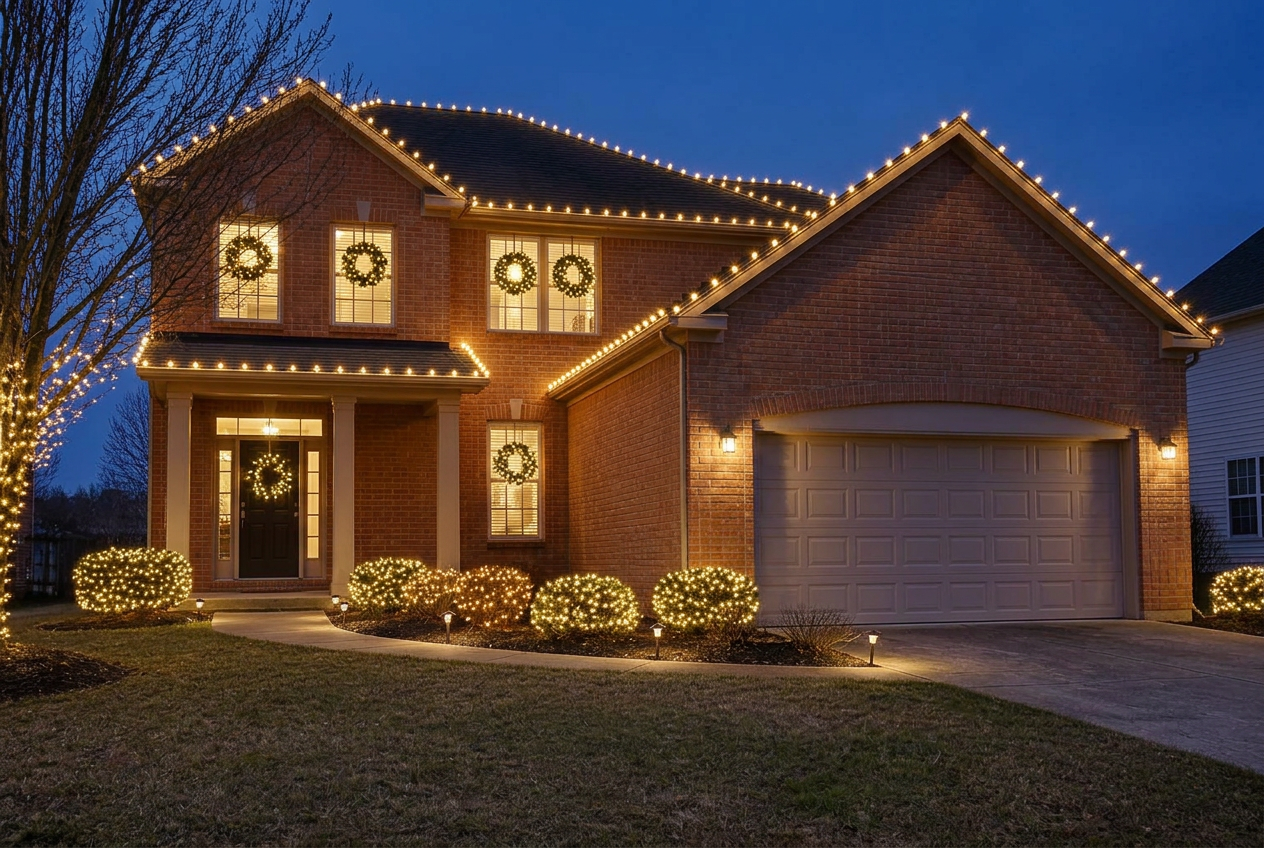 The same two-story brick home at night, professionally lit with warm white C9 lights on every roofline, lit wreaths in the windows and warm white lights on the shrubs and front tree
