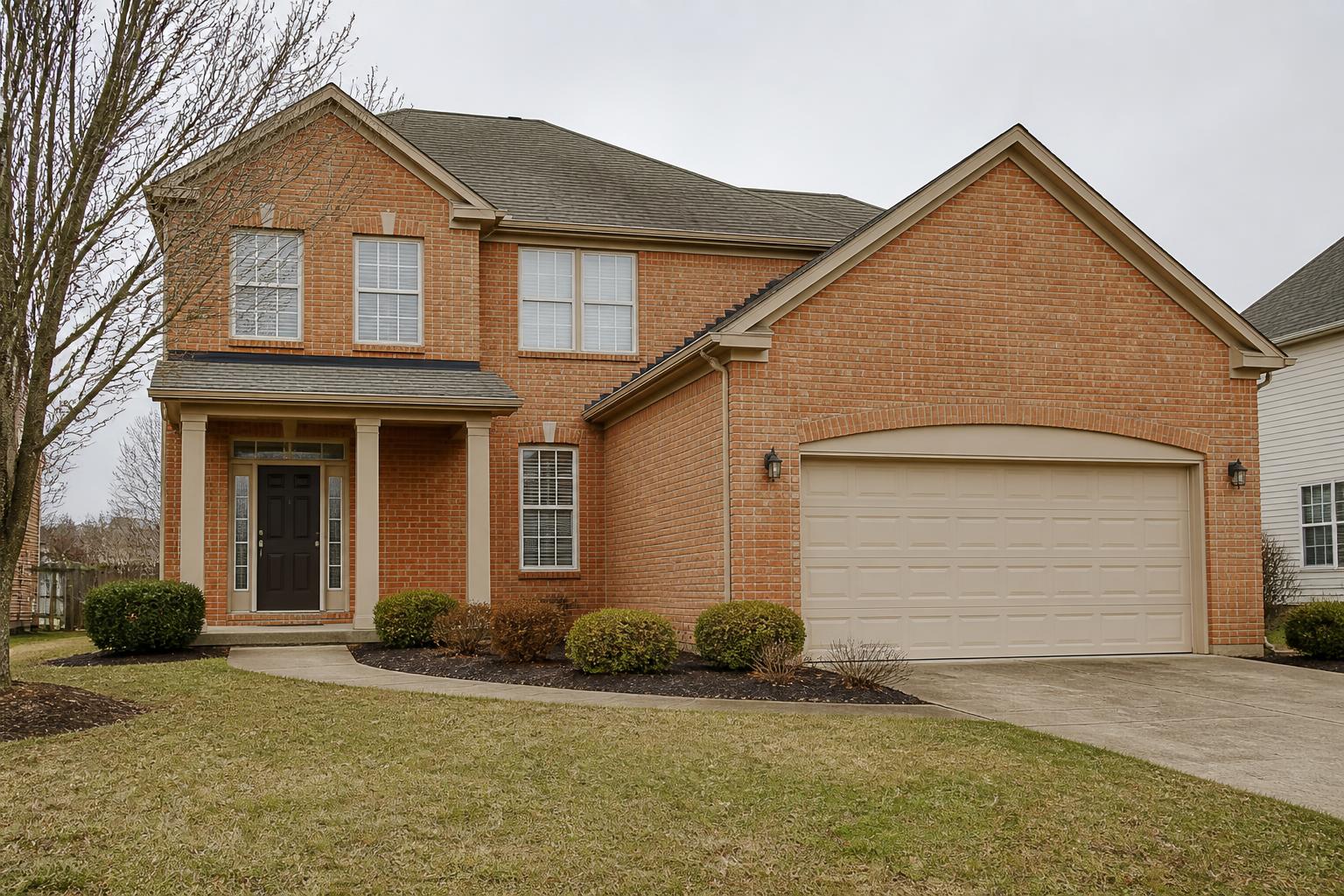 Undecorated two-story brick home photographed in daylight before Christmas light installation