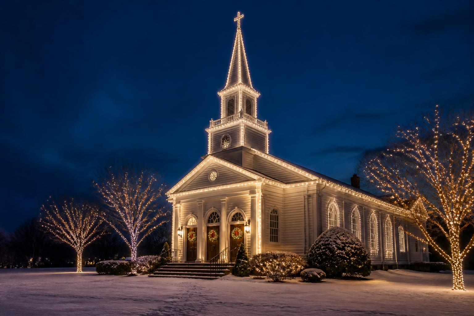 White southern church with its steeple outlined in warm white Christmas lights, lit wreaths on the doors and wrapped trees