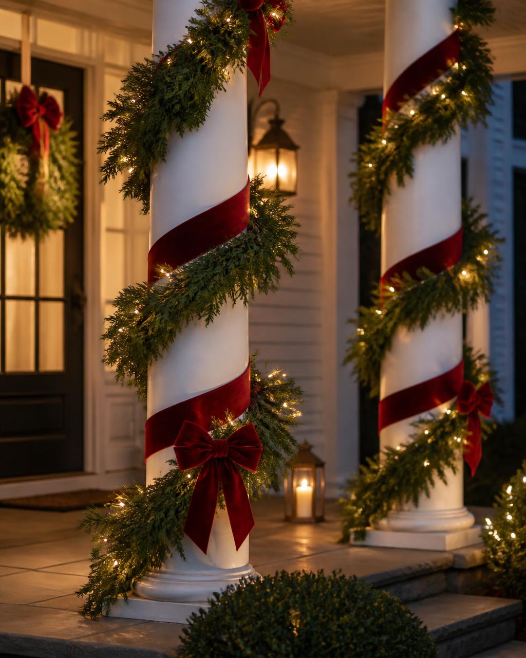 White porch columns wrapped in lit evergreen garland with red velvet ribbon at a decorated front entry