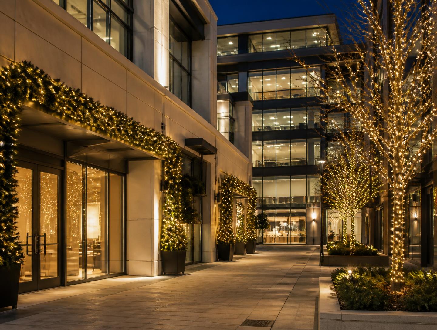 Commercial storefront with lit garland over the entry and wrapped courtyard trees