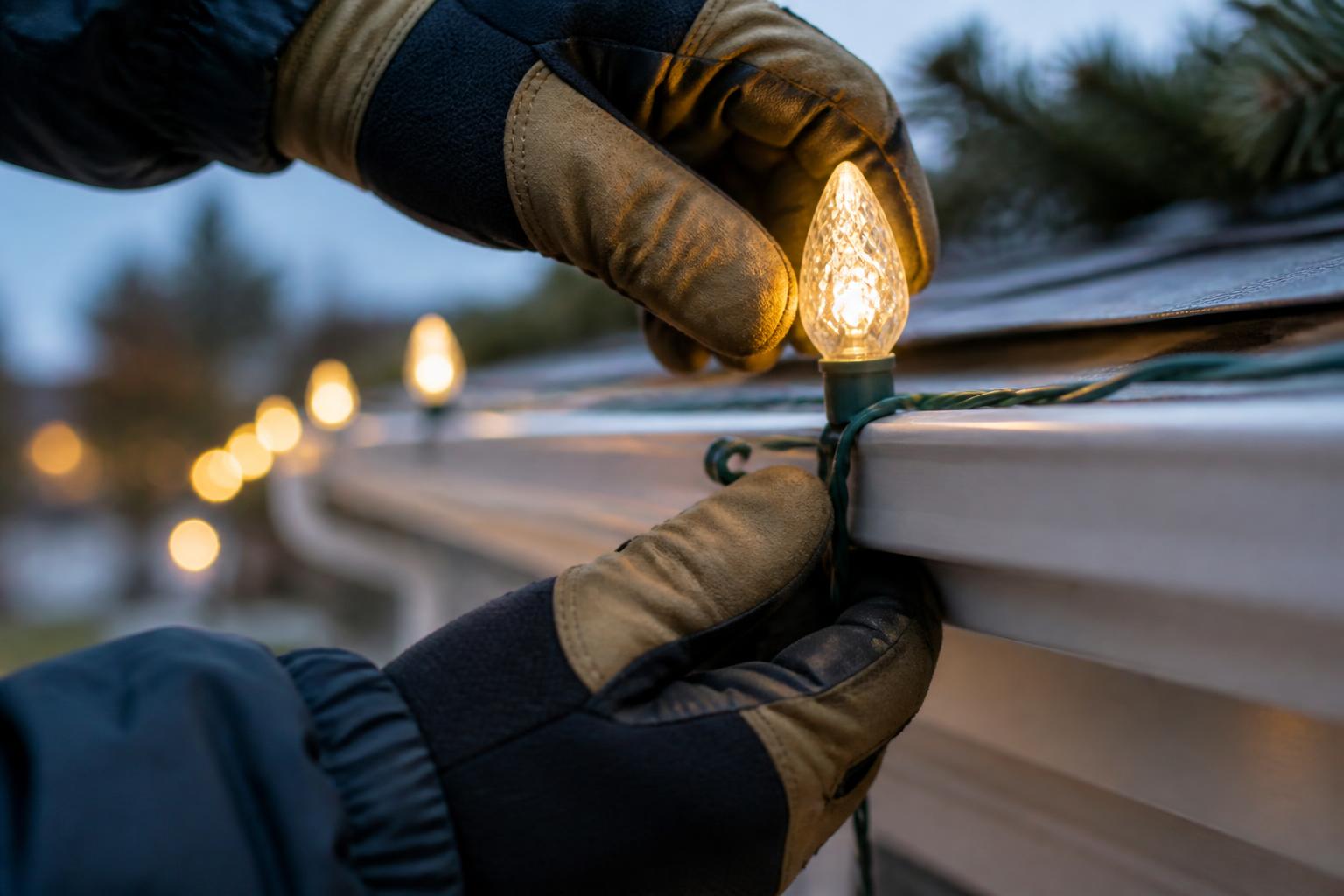 Close-up of a gloved installer clipping a warm white C9 bulb to a gutter line with a non-penetrating clip