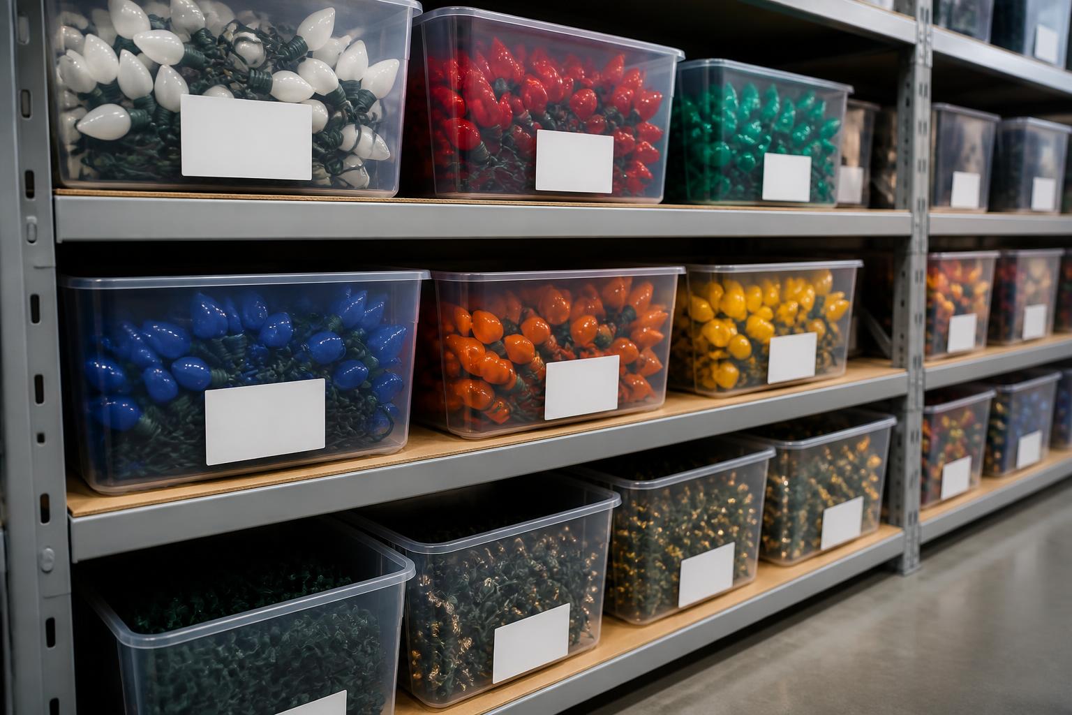 Labeled bins of Christmas light strands and bulbs organized on shelving in a climate-controlled storage facility