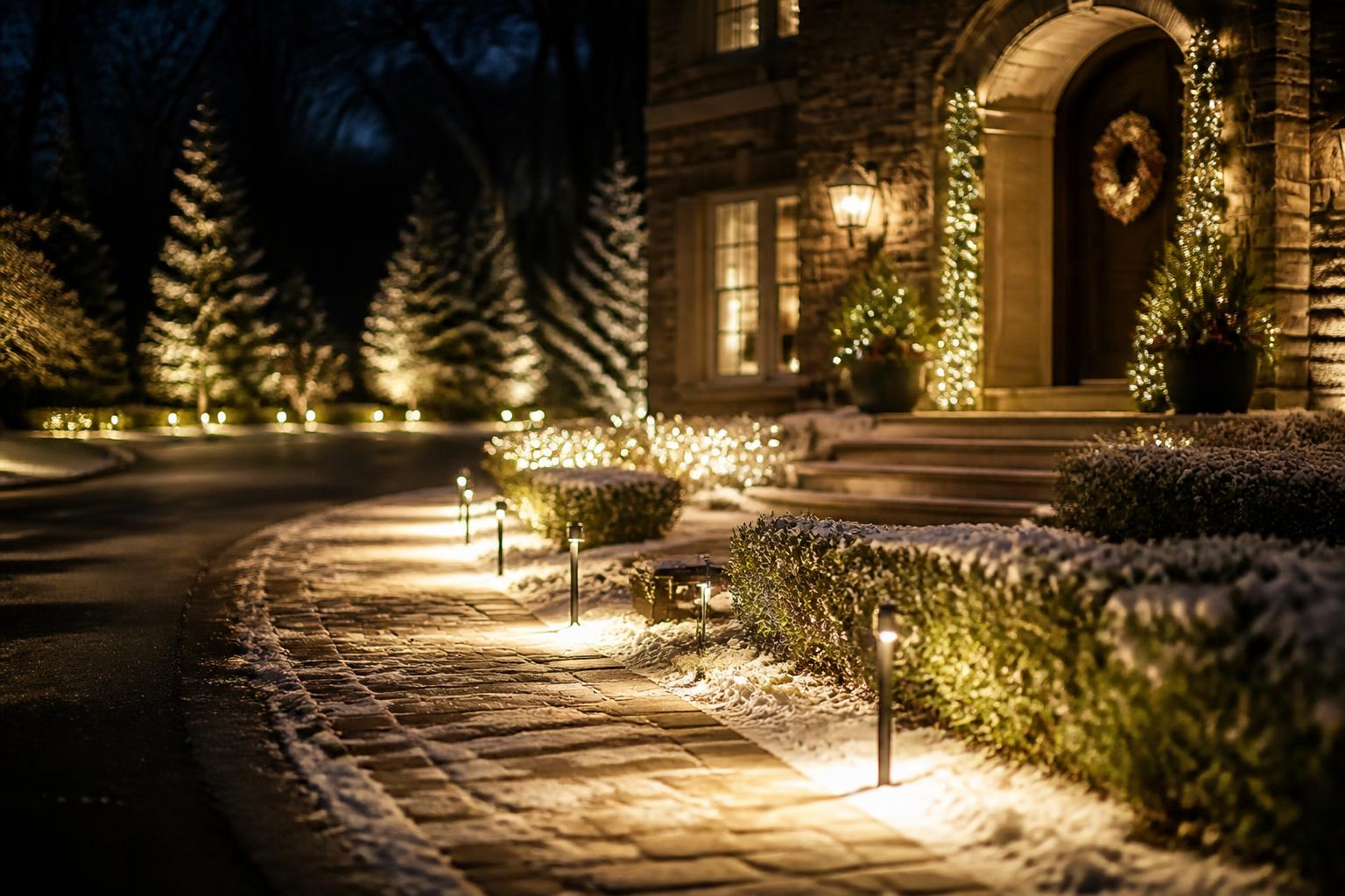 Stone walkway and driveway lined with warm white Christmas pathway lighting leading to a decorated estate entry