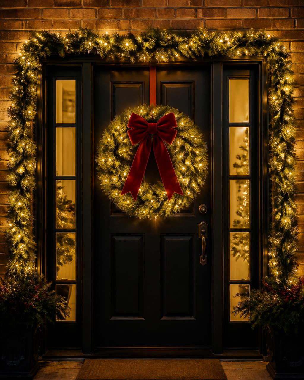 Large lit evergreen wreath with a red bow hung over a black front door framed by lit garland